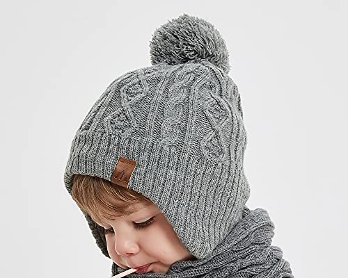 Moon Kitty Baby Hats for Boys and Girls - Upgrade Soft Pompom Fleece Lining Boys Winter Earflap Hat Gray - Image 5