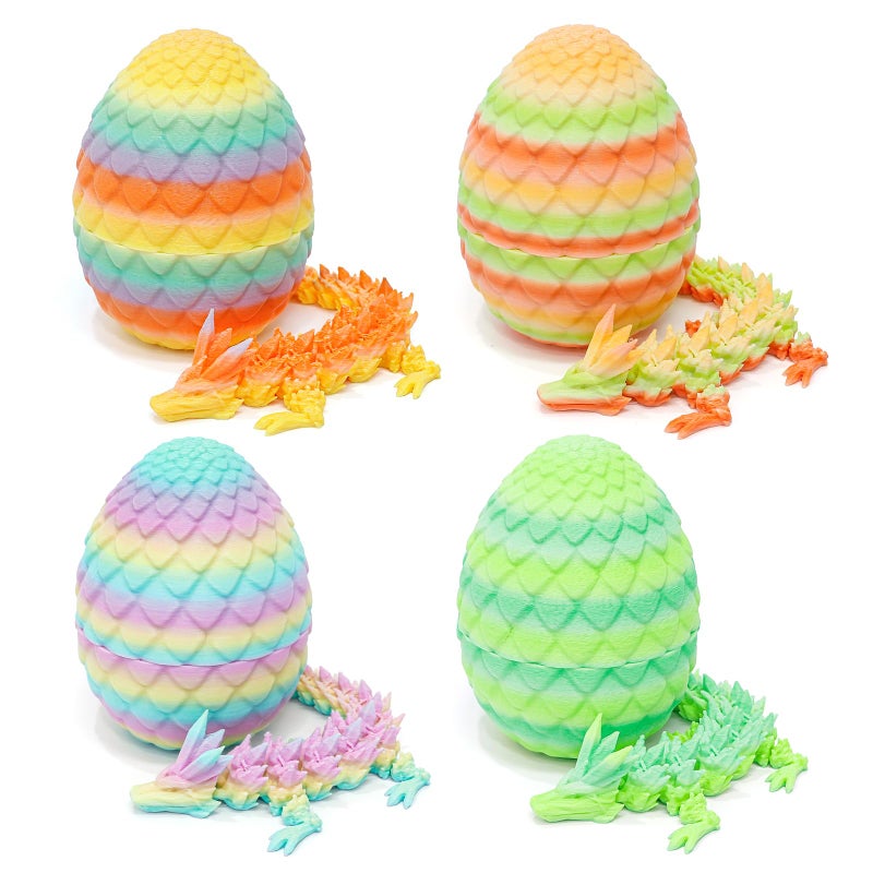 Flavery 4 Pack 3D Printed Dragon Egg Small Easter Eggs with Dragon Inside Articulated Fidget Toy Desk Decor Pet Teen Girl Light Rainbow Set - Image 3