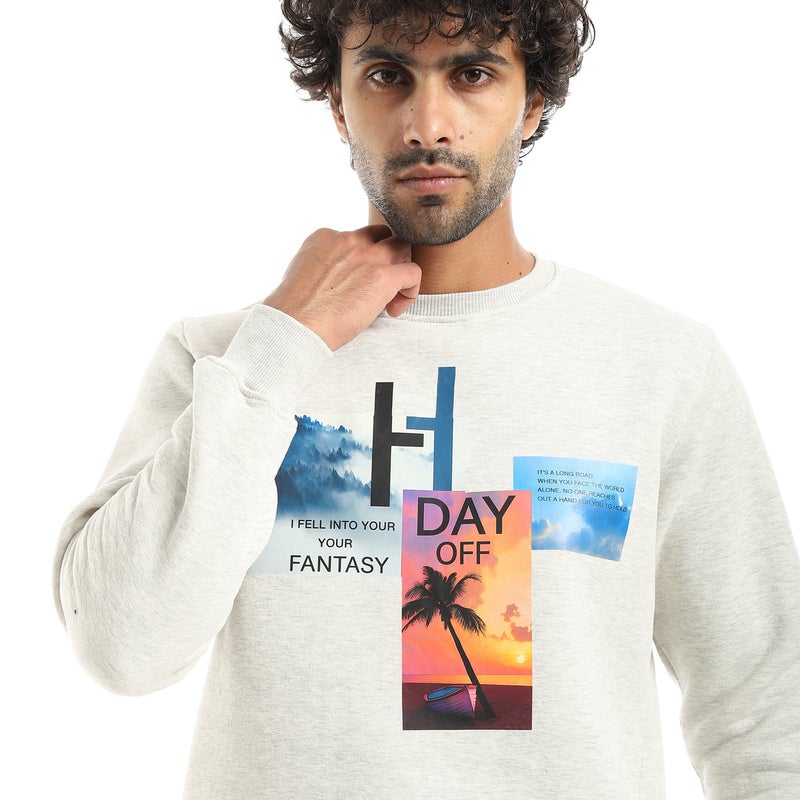 Andora Light Grey Printed Long Sleeves Round Neck Sweatshirt-Light Grey - Image 4