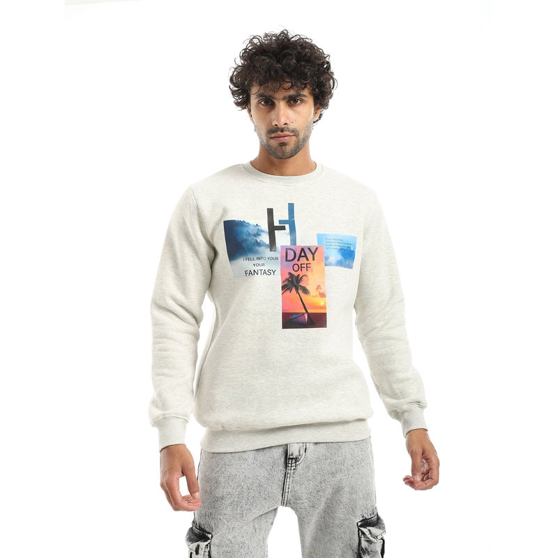 Andora Light Grey Printed Long Sleeves Round Neck Sweatshirt-Light Grey - Image 1