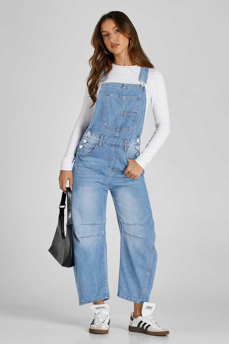 PLNOTME Womens Denim Bib Overalls Barrel Leg Adjustable Strap Jean Pants Jumpsuits with Pockets - Image 4