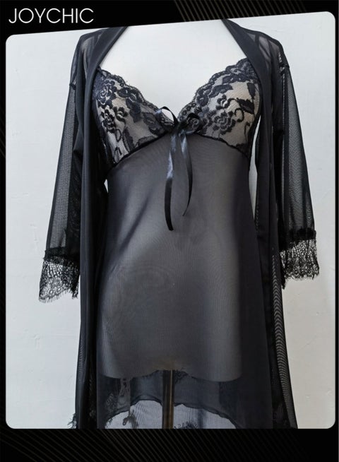 فستان نوم نسائي مريح بحواف دانتيل قابل للتنفس باللون الأسود