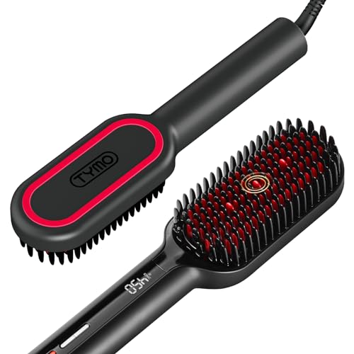 TYMO Hair Straightener Brush - Upgraded Ionic Plus Straightening Brush with Dense Bristles, 16 Temps, Dual Voltage | Ceramic Hot Comb for Women | Flat Iron for Thick Curly Hair, Black - Image 1