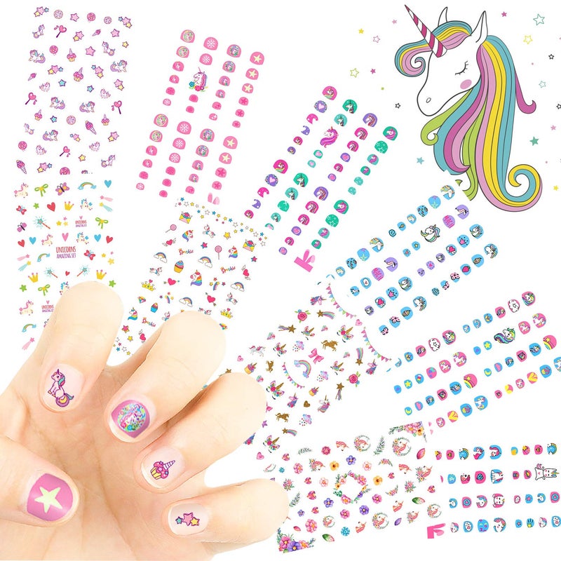 DB11 Unicorn Kids Nail Art Stickers Decals for Little Girls 500 Cute Rainbow Heart Stars Princess Nail Wrap Decoration Self Adhesive Finger Toe Tip Stickers Birthday Party Favor Gift