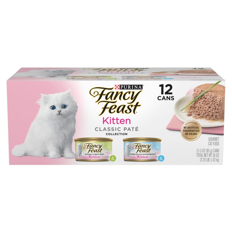 Fancy Feast Purina Fancy Feast Kitten Tender Ocean Whitefish Feast and Tender Turkey Feast Wet Kitten Food Variety Pack - (2 Packs of 12) 3 oz. Cans - Image 1