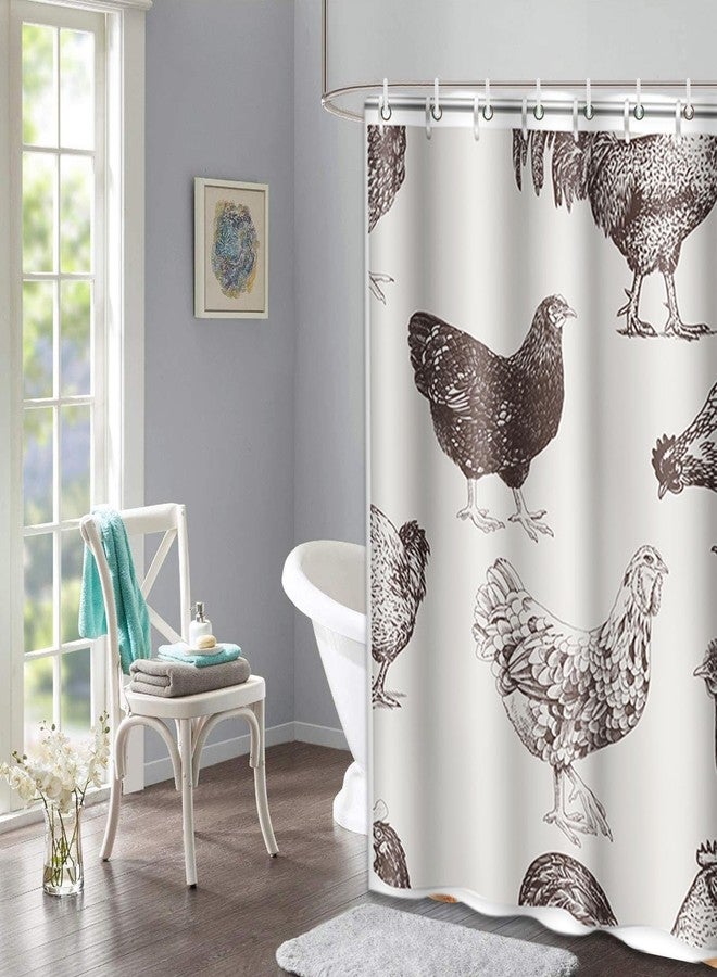Emvency Fabric Shower Curtain Curtain with Hooks Chicken Cocks and Hens Sketch Rooster Farm Hand Animal Drawn Cockerel 72"X72" Waterproof Decorative Bathroom - Image 3