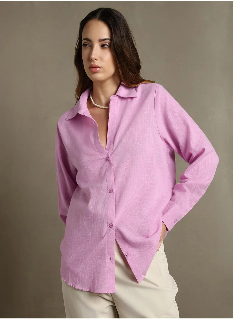 Dennis Lingo Women's Lavender Cotton Blend Textured Oversized Shirt