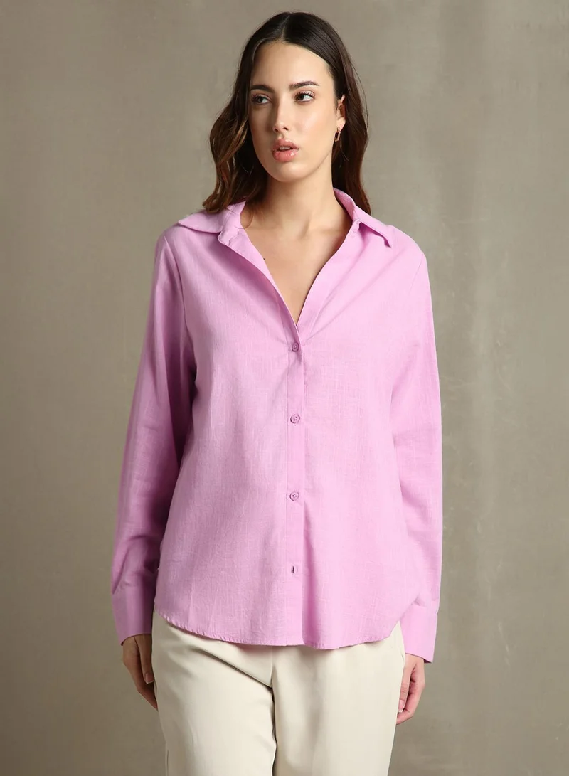 Dennis Lingo Women's Lavender Cotton Blend Textured Oversized Shirt