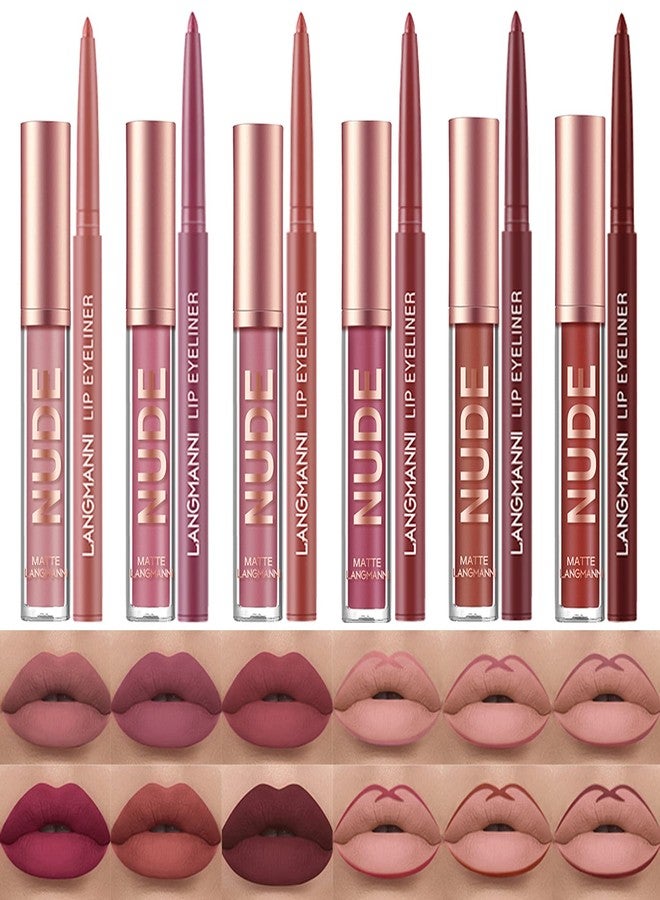 Petansy 12Pcs Lip Liner and Lipstick Set, 6 Colors Matte Liquid Lip Sticks + 6 Matching Smooth Nude Lip Liner, All in One Waterproof Long Lasting Lip Gloss Lips Make-up Gift Set for Girls and Women - Image 1