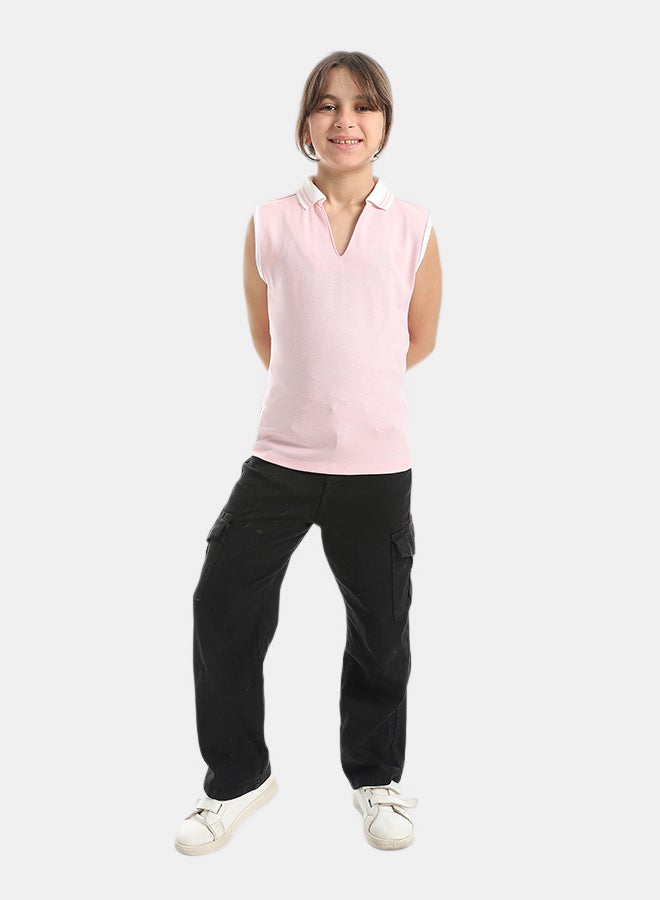 Andora Cut Sleeves Turned Down Collar V-Neck Rose T-Shirt_Rose - Image 4