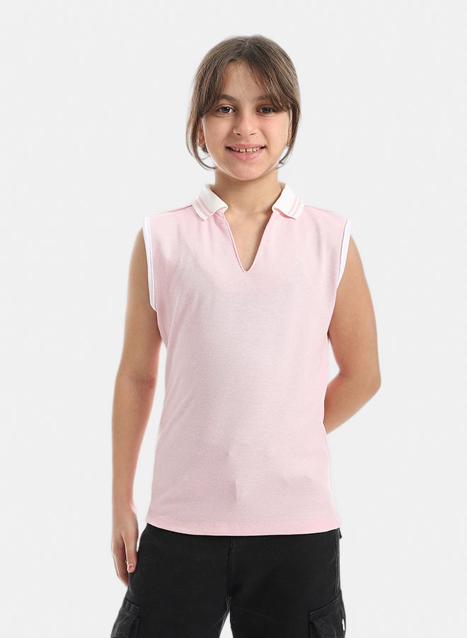 Andora Cut Sleeves Turned Down Collar V-Neck Rose T-Shirt_Rose - Image 1