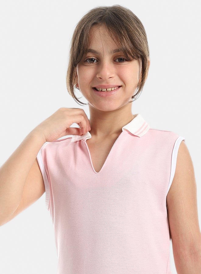Andora Cut Sleeves Turned Down Collar V-Neck Rose T-Shirt_Rose - Image 2