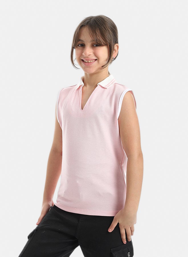 Andora Cut Sleeves Turned Down Collar V-Neck Rose T-Shirt_Rose - Image 3