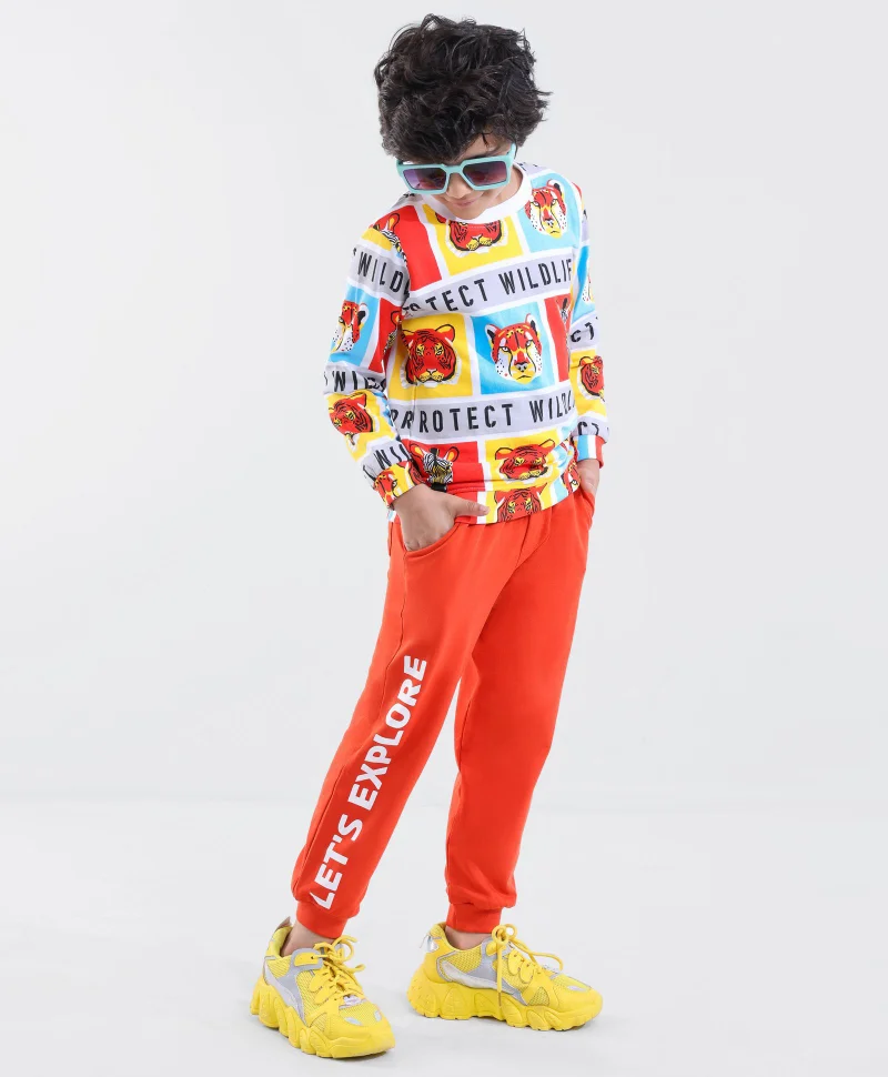 Ollington St. Ollington St. 100% Cotton Knit Full Sleeves Animal Printed Sweatshirt and Jogger Pants Set - Multicolor