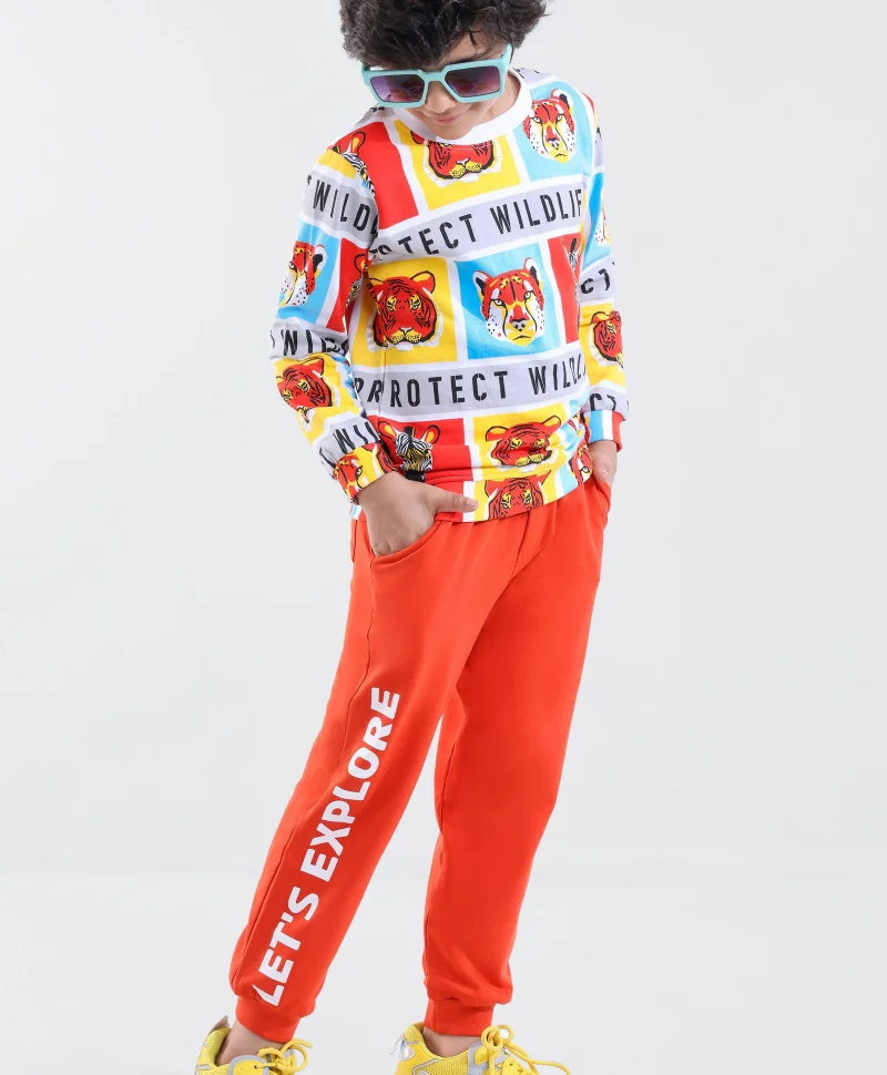 Ollington St. Ollington St. 100% Cotton Knit Full Sleeves Animal Printed Sweatshirt and Jogger Pants Set - Multicolor