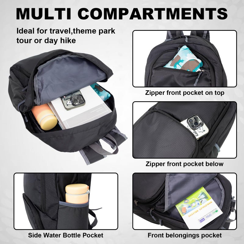 HOLYLUCK 20L lightweight packable Hiking Daypack Foldable Backpack for Men Women Small Travel Outdoor Foldable Shoulder Bag-black - Image 3