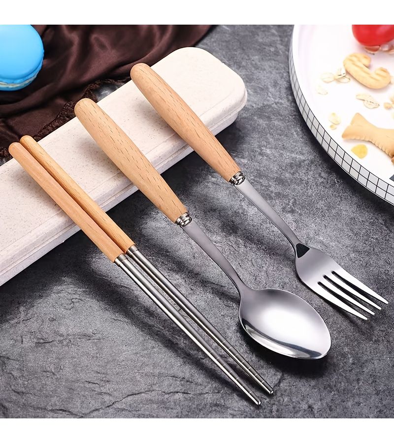 Flip Top Box Stainless Steel Cutlery Set With Wooden Handle Spoon Fork And Chopsticks For Student Canteen Outdoor Travel Party - Image 5