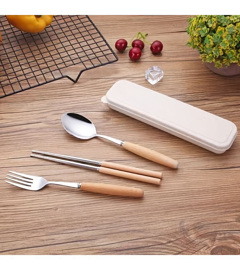 Flip Top Box Stainless Steel Cutlery Set With Wooden Handle Spoon Fork And Chopsticks For Student Canteen Outdoor Travel Party - Image 2