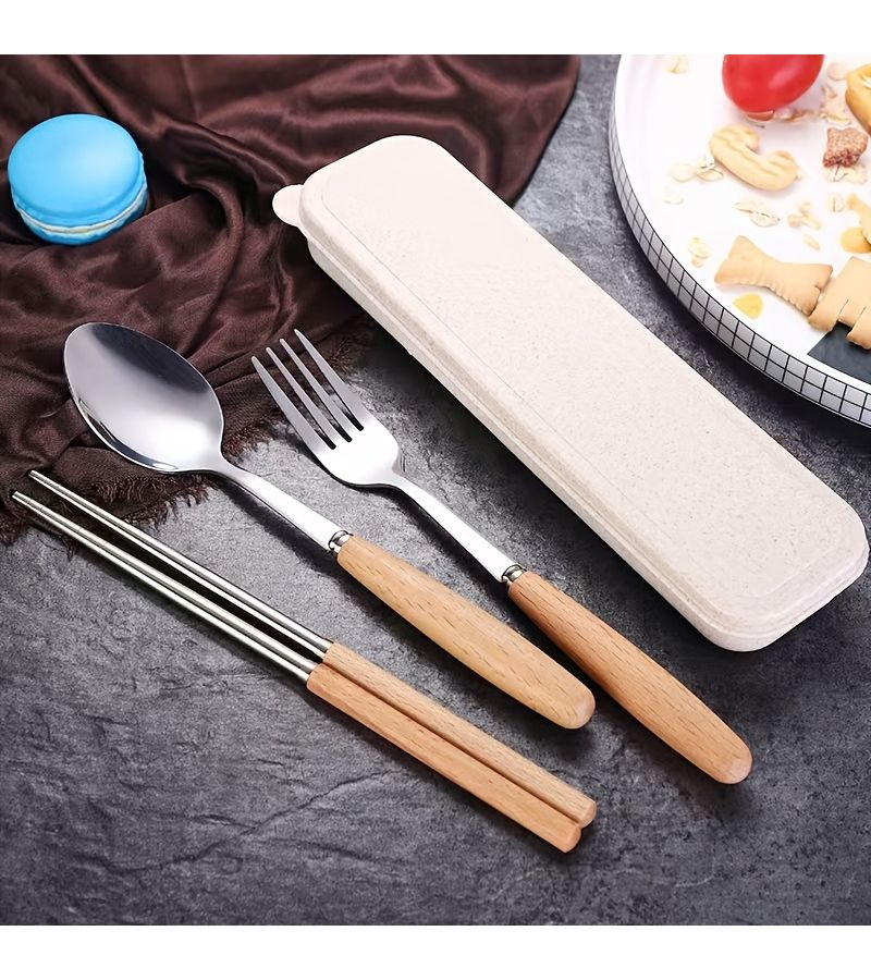 Flip Top Box Stainless Steel Cutlery Set With Wooden Handle Spoon Fork And Chopsticks For Student Canteen Outdoor Travel Party - Image 1