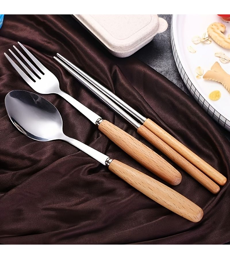 Flip Top Box Stainless Steel Cutlery Set With Wooden Handle Spoon Fork And Chopsticks For Student Canteen Outdoor Travel Party - Image 3