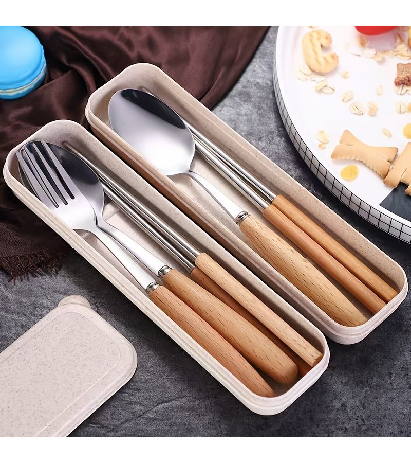 Flip Top Box Stainless Steel Cutlery Set With Wooden Handle Spoon Fork And Chopsticks For Student Canteen Outdoor Travel Party - Image 4