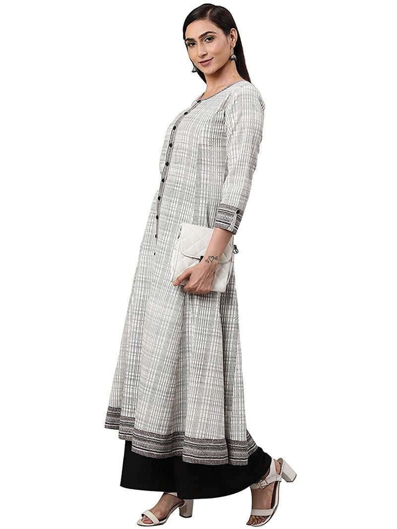 Yash Gallery Women's Cotton Slub Geometric Printed Anarkali Regular Fit Kurta For Women (1234YKOWHITE_White_Small) - Image 4