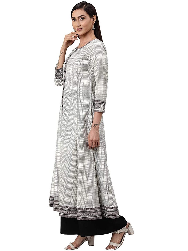 Yash Gallery Women's Cotton Slub Geometric Printed Anarkali Regular Fit Kurta For Women (1234YKOWHITE_White_Small) - Image 3