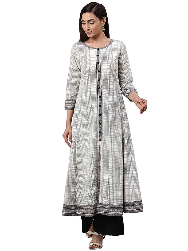 Yash Gallery Women's Cotton Slub Geometric Printed Anarkali Regular Fit Kurta For Women (1234YKOWHITE_White_Small) - Image 1