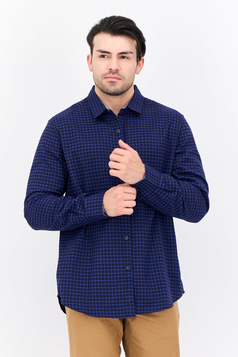 Thomas قميص كاجوال رجالي بأكمام طويلة وقصة عادية، مزخرف بمربعات، لون كحلي - Image 1