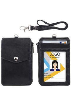 Excefore Badge Holder with Zipper PU Leather ID Card Wallet 1 Clear Window and 3 Slots Secure Cover Nylon Lanyard for Office School  - Image 1