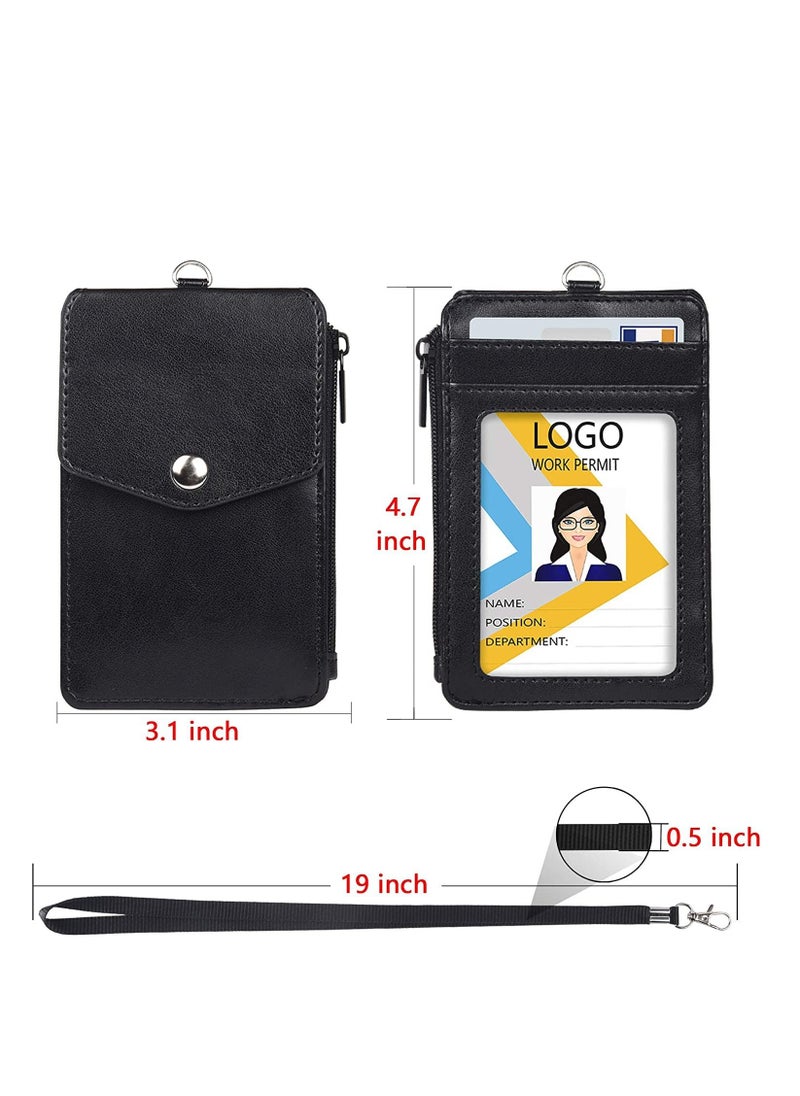 Excefore Badge Holder with Zipper PU Leather ID Card Wallet 1 Clear Window and 3 Slots Secure Cover Nylon Lanyard for Office School  - Image 4