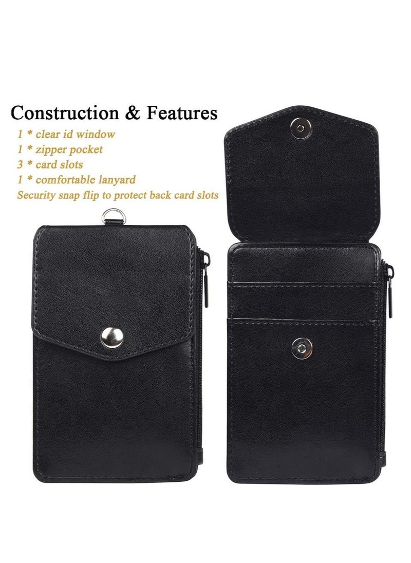 Excefore Badge Holder with Zipper PU Leather ID Card Wallet 1 Clear Window and 3 Slots Secure Cover Nylon Lanyard for Office School  - Image 2