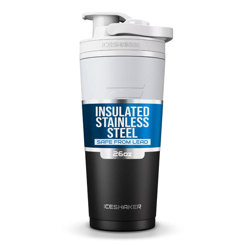 Ice Shaker Stainless Steel Shaker Bottle 26oz BlackWhite Stays Cold for 30 Hours Insulated Cup with Twiston Agitator OdorFree Shaker Cup for Protein Shakes Water Smoothies
