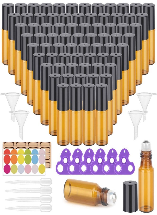 Easytle 96 Pack Essential Oil Roller Bottles, Amber Glass Roller Bottles 5ml, Roller Balls for Essential Oils, Roll on Bottle (384 Pieces Labels, 16 Funnels, 16 Dropper, 8 Opener) - Image 1
