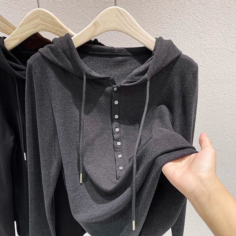 Self-heating Velvet Hoodie Long-sleeved fleece-lined Warm Base Shirt Autumn and Winter New Western Style Small Shirt All-match Top Trendy dark gray [cationic velvet fleece-lined warmth]]