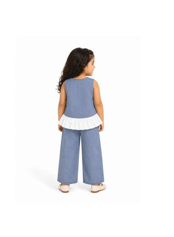 Luay  LUAY Girls Denim Top & Wide Leg Pants Co-Ord Set | Sleeveless Ruffle Two-Piece Outfit | Soft Breathable Casual Denim Clothing for Girls for Women | Best Price UAE