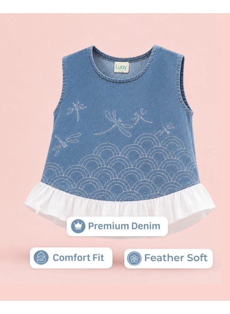 Luay  LUAY Girls Denim Top & Wide Leg Pants Co-Ord Set | Sleeveless Ruffle Two-Piece Outfit | Soft Breathable Casual Denim Clothing for Girls for Women | Best Price UAE