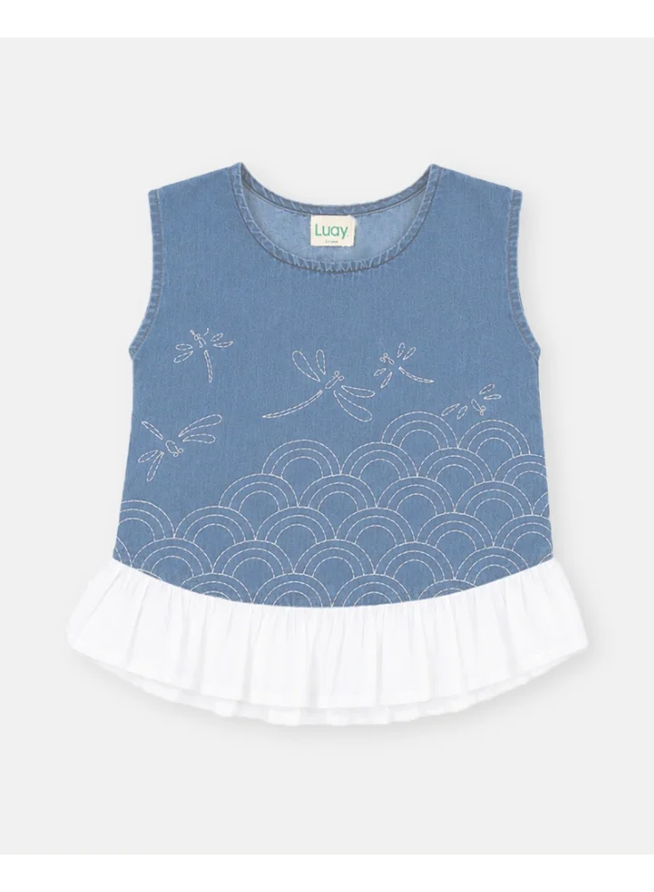 Luay  LUAY Girls Denim Top & Wide Leg Pants Co-Ord Set | Sleeveless Ruffle Two-Piece Outfit | Soft Breathable Casual Denim Clothing for Girls for Women | Best Price UAE