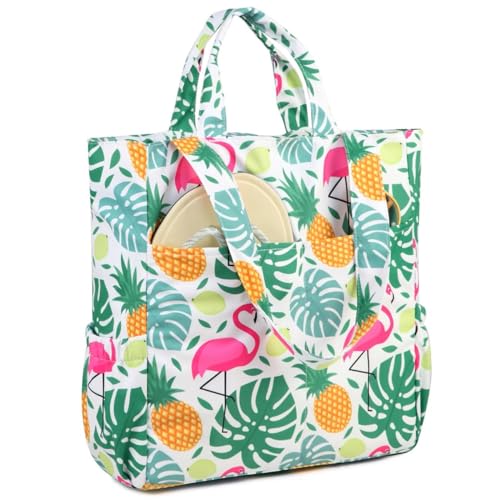 VASCHY Beach Tote Bag for Women, Lightweight Water Resistant Fold-able Large Pool Tote Bag w Zipper for Vocation Cute Flamingo - Image 1