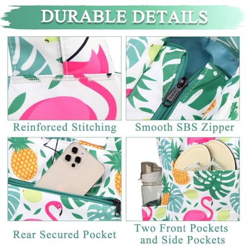VASCHY Beach Tote Bag for Women, Lightweight Water Resistant Fold-able Large Pool Tote Bag w Zipper for Vocation Cute Flamingo - Image 4