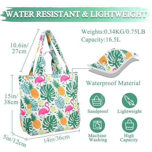 VASCHY Beach Tote Bag for Women, Lightweight Water Resistant Fold-able Large Pool Tote Bag w Zipper for Vocation Cute Flamingo - Image 2