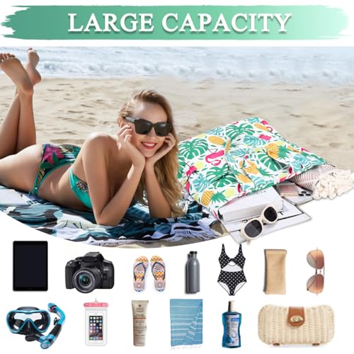 VASCHY Beach Tote Bag for Women, Lightweight Water Resistant Fold-able Large Pool Tote Bag w Zipper for Vocation Cute Flamingo - Image 3