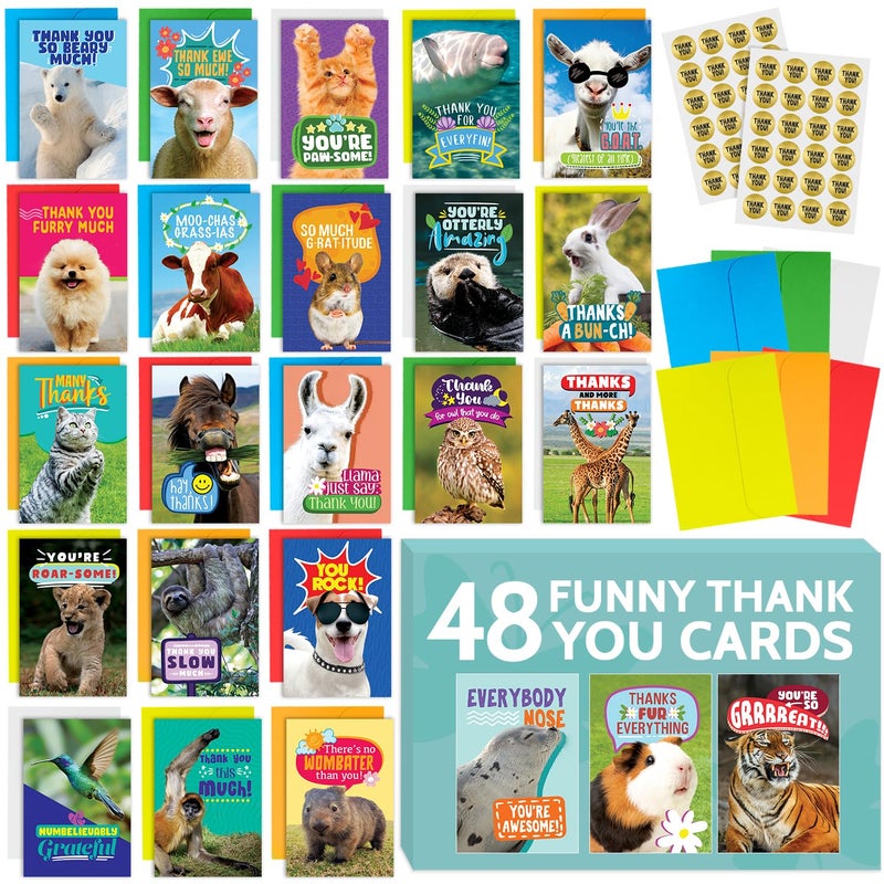 T MARIE 48 Funny Thank You Cards with Colorful Envelopes and Gold Stickers - Bulk 4x6â€ Boxed Set for Employee Appreciation Cards, Kids, Friends, Staff and Customers - Cute Animal Designs - Image 1
