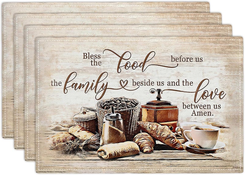 Tijuboni Christian Coffee Placemats Set of 4 Bless The Food Before Us Place Mats Religious Table Mats for Kitchen Dining Table Kitchen Decor Linen 12x18 Inch - Image 1