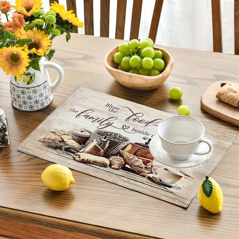 Tijuboni Christian Coffee Placemats Set of 4 Bless The Food Before Us Place Mats Religious Table Mats for Kitchen Dining Table Kitchen Decor Linen 12x18 Inch - Image 2