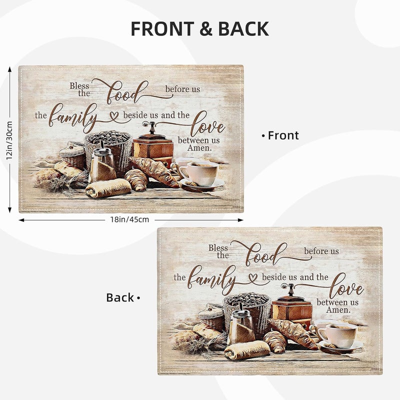 Tijuboni Christian Coffee Placemats Set of 4 Bless The Food Before Us Place Mats Religious Table Mats for Kitchen Dining Table Kitchen Decor Linen 12x18 Inch - Image 3