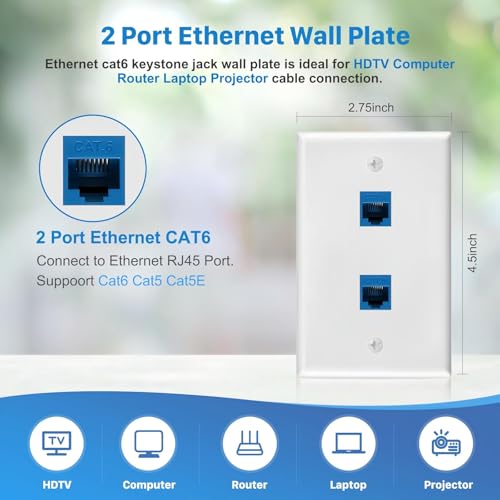 ANONION 4 Pack Ethernet Wall Plate 2 Port Keystone Jack Blue Cat6 RJ45 Coupler Outlet Connector with Single Gang Low Voltage Mounting Bracket - Image 2