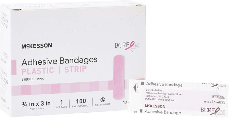 McKesson Adhesive Bandages, Sterile, Fabric Strip, Pink, 3/4 in x 3 in, 100 Count, 1 Pack