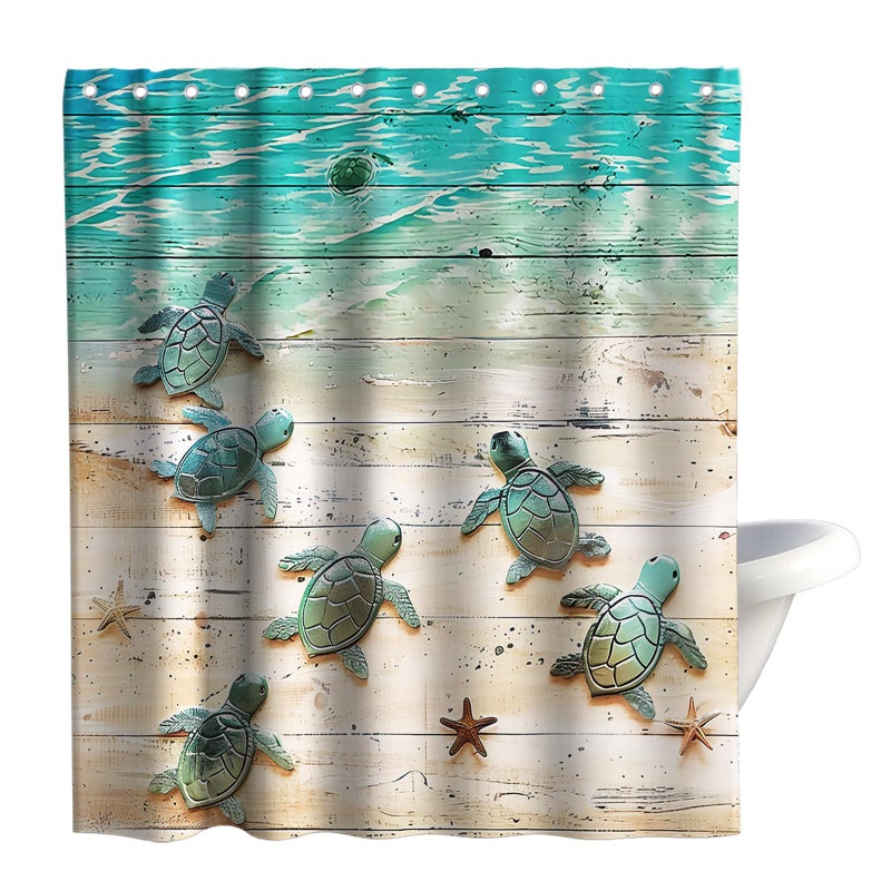 Final Friday Green Beach Sea Turtle Shower Curtain Nautical Teal Theme Fabric Bathroom Blue Ocean Decor with Grommets and Hooks 72 x 78 Inch Blue - Image 1