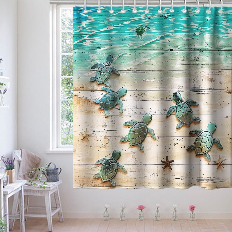 Final Friday Green Beach Sea Turtle Shower Curtain Nautical Teal Theme Fabric Bathroom Blue Ocean Decor with Grommets and Hooks 72 x 78 Inch Blue - Image 3